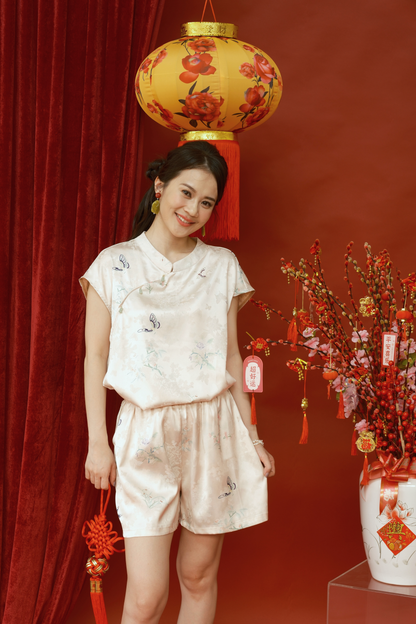 Lucille Butterfly Satin Set in Beige