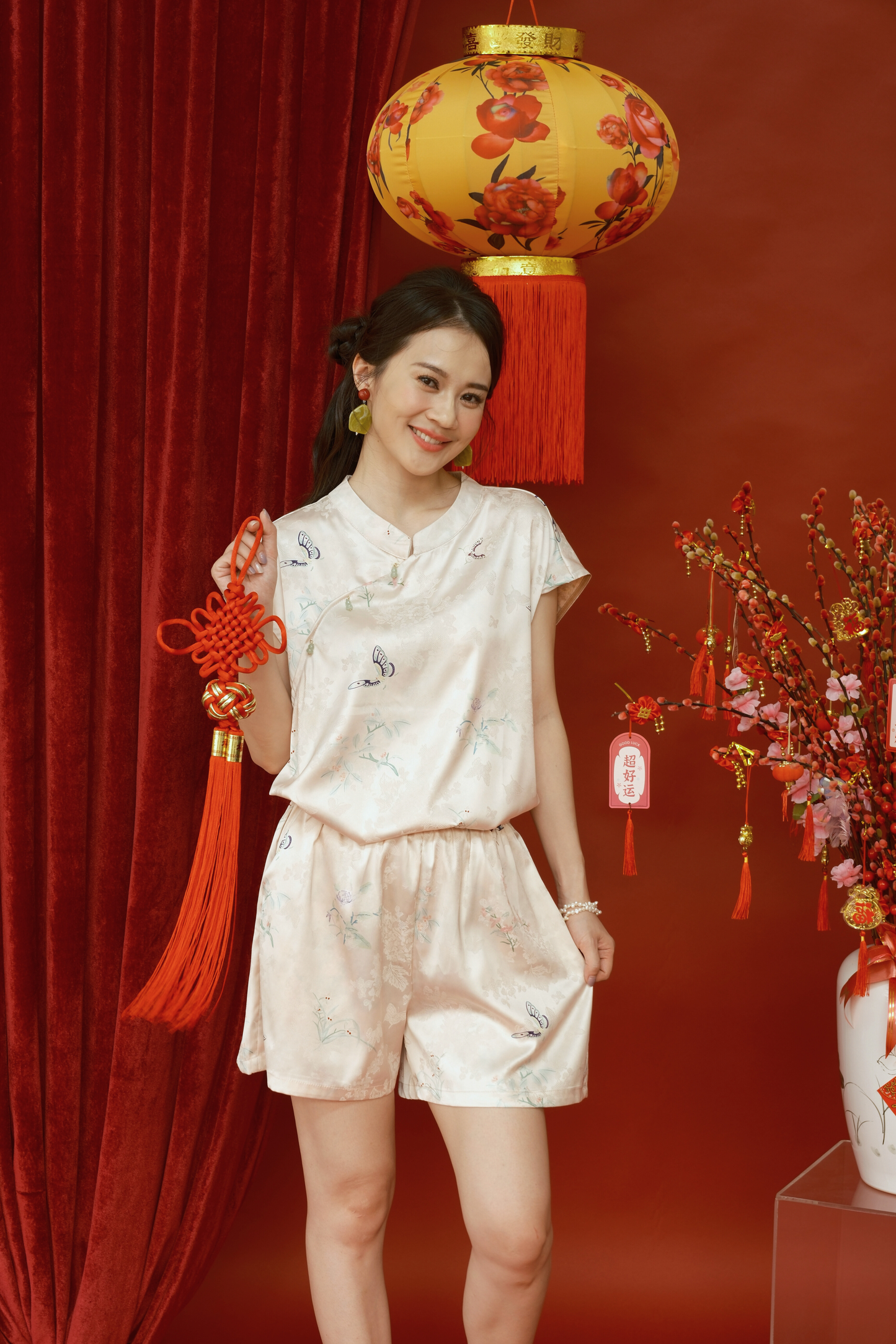 Lucille Butterfly Satin Set in Beige