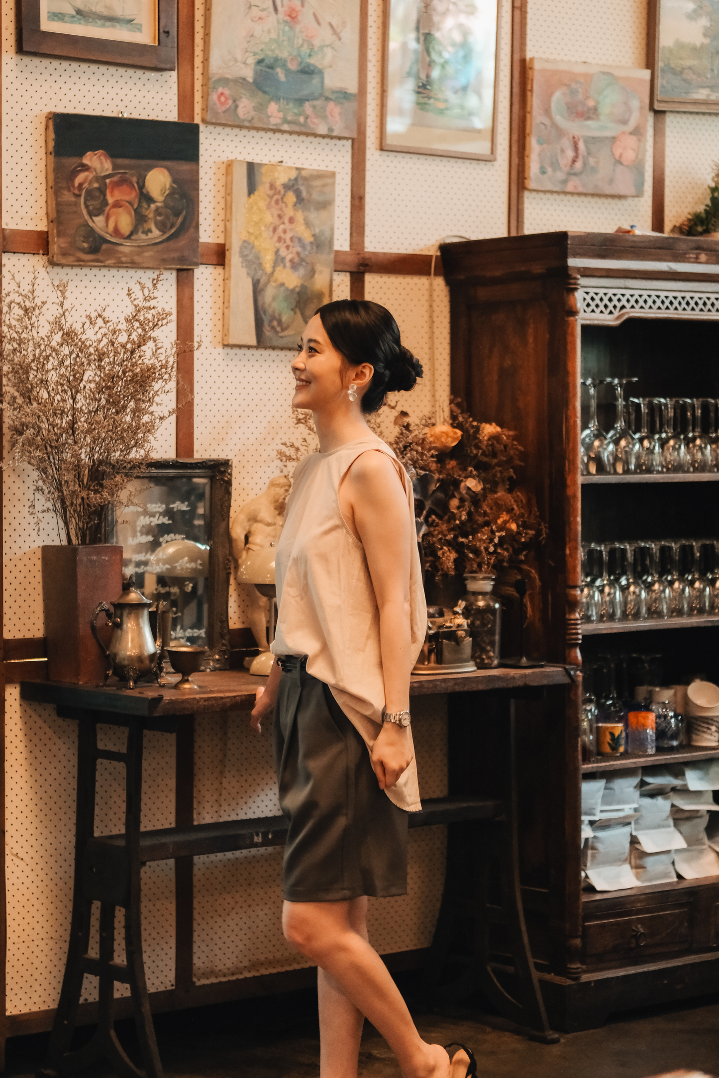 Inès Draped Back Knot Top in Beige