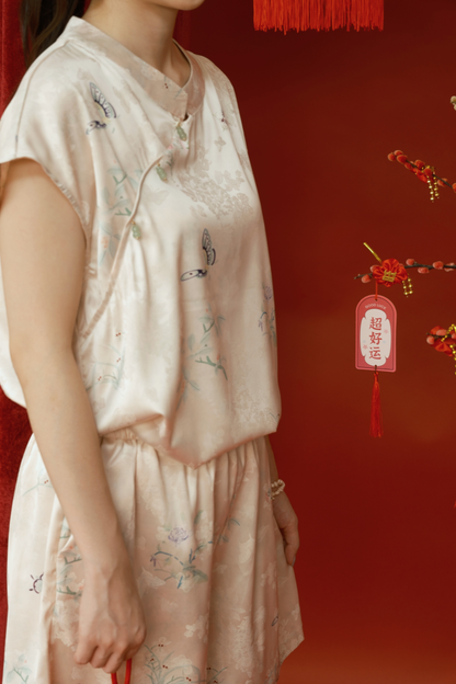 Lucille Butterfly Satin Set in Beige