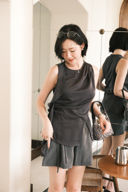 Celeste Draped Ruffle Top in Dark Grey