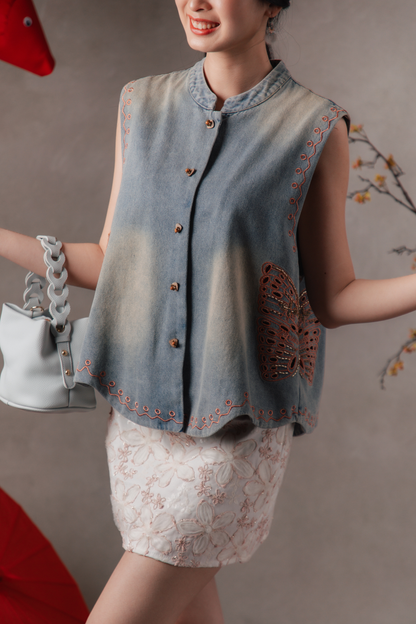 Cynara Butterfly Cheongsam Vest in Denim