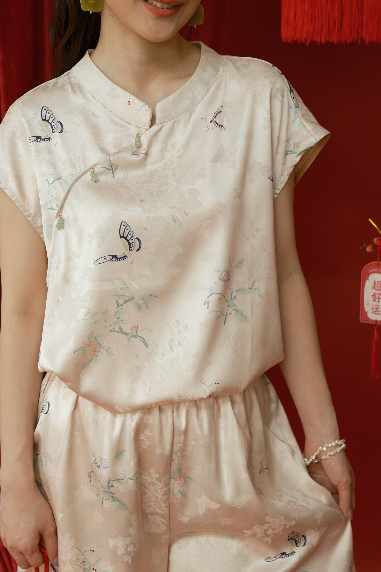 Lucille Butterfly Satin Set in Beige