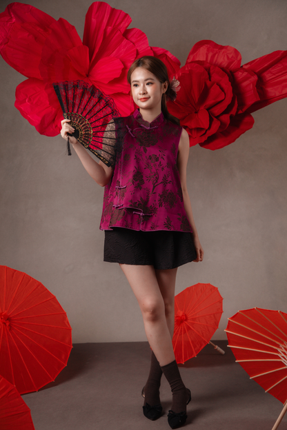 Corinne Peony Cheongsam Top in Magenta