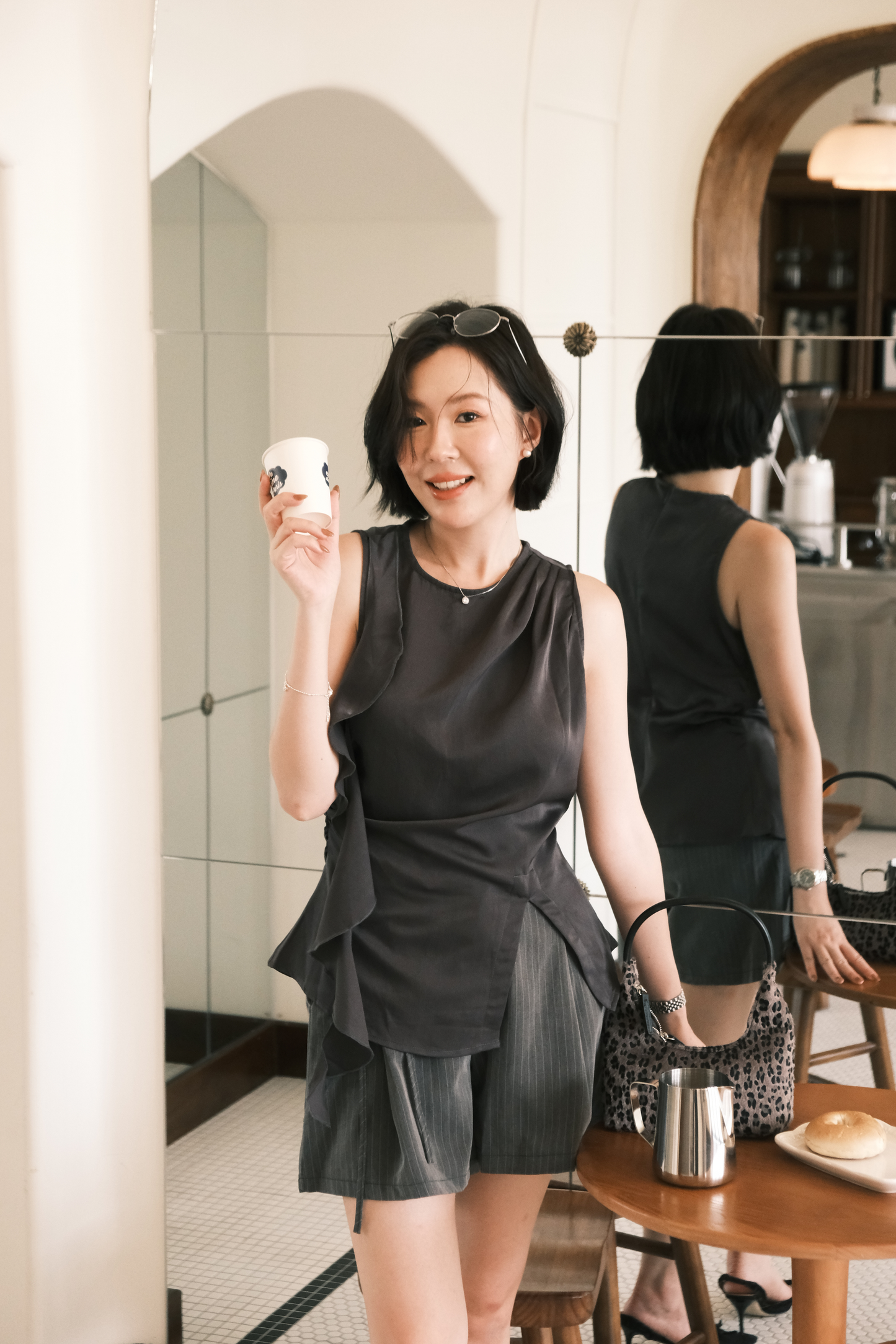 Celeste Draped Ruffle Top in Dark Grey