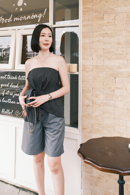 Éloise Strapless Pinstripe Peplum Top in Black