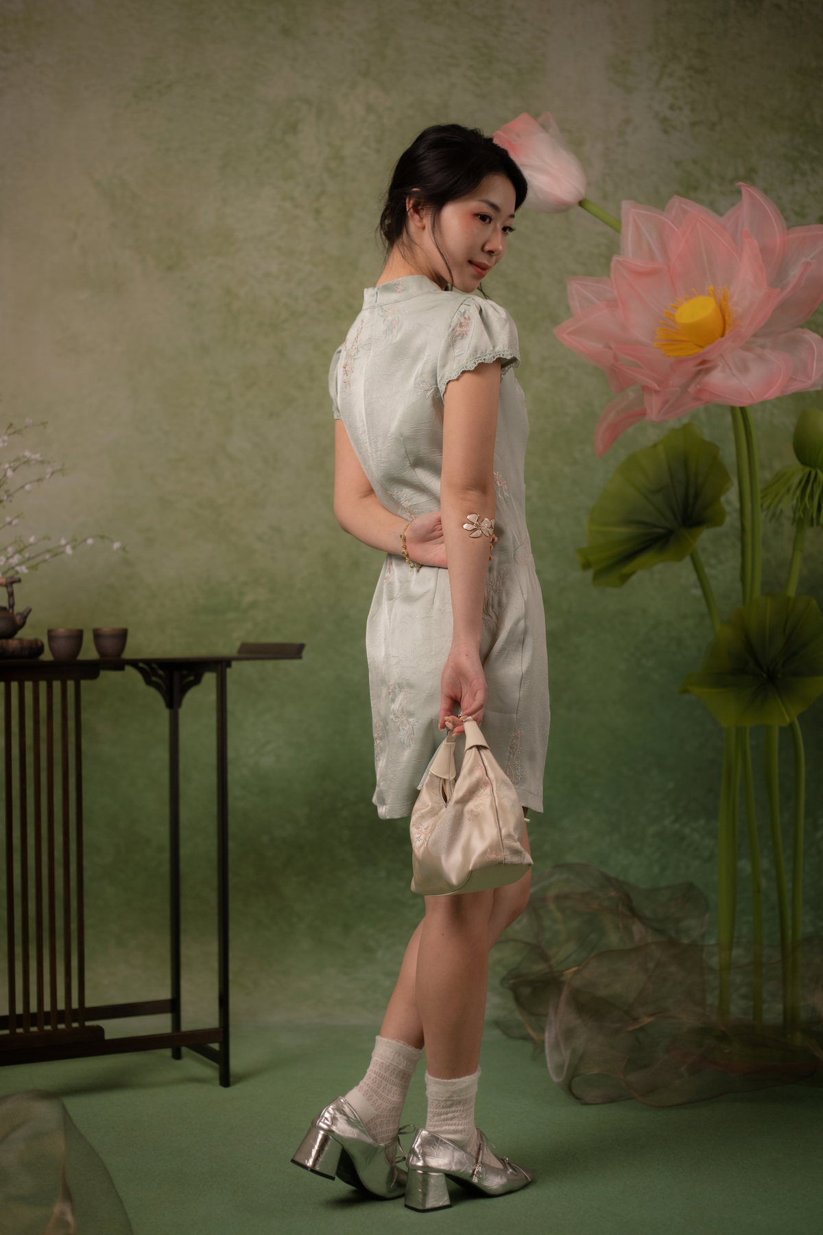 Jasmine Blossom Cheongsam Dress in Sage