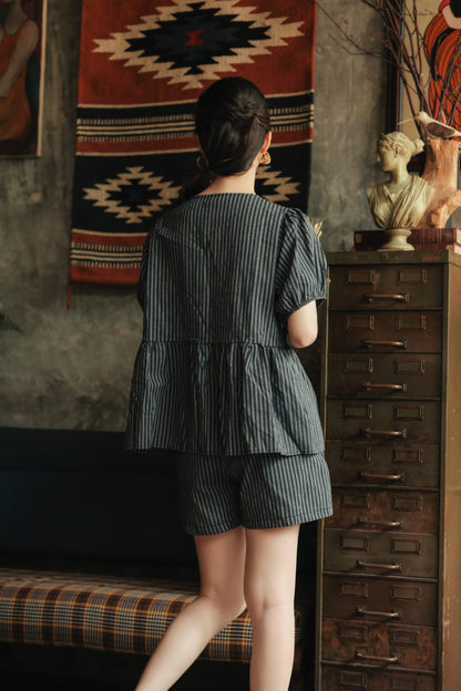 Maëlle Bow Tie Stripe TwinSet in Grey Black