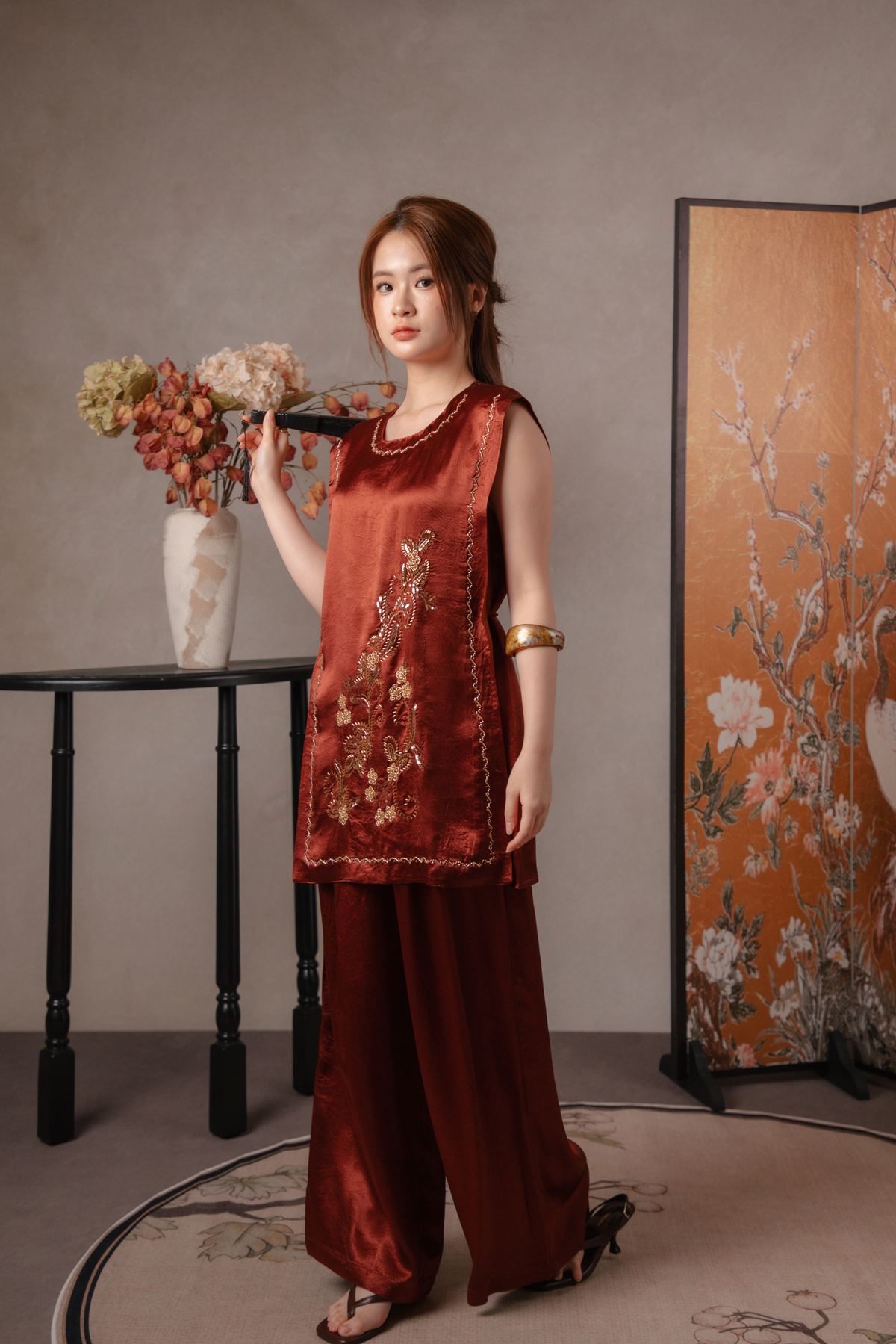Maren Gilded Cheongsam Top & Pants Set in Maroon