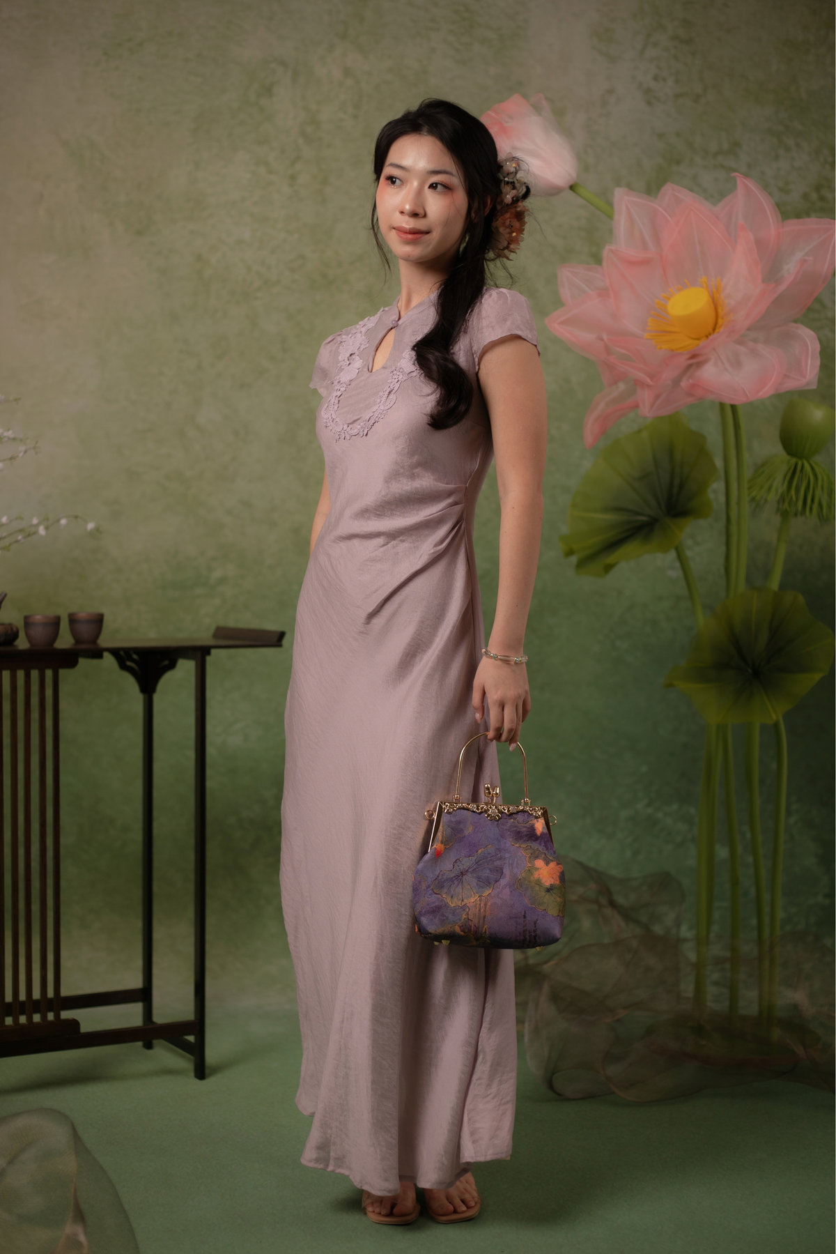 Serene Bloom Cheongsam Dress in Dusty Mauve
