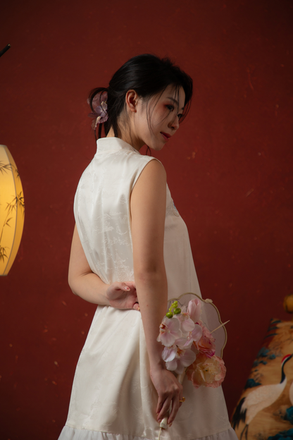 Butterfly Bloom Ruffle Cheongsam Dress in White