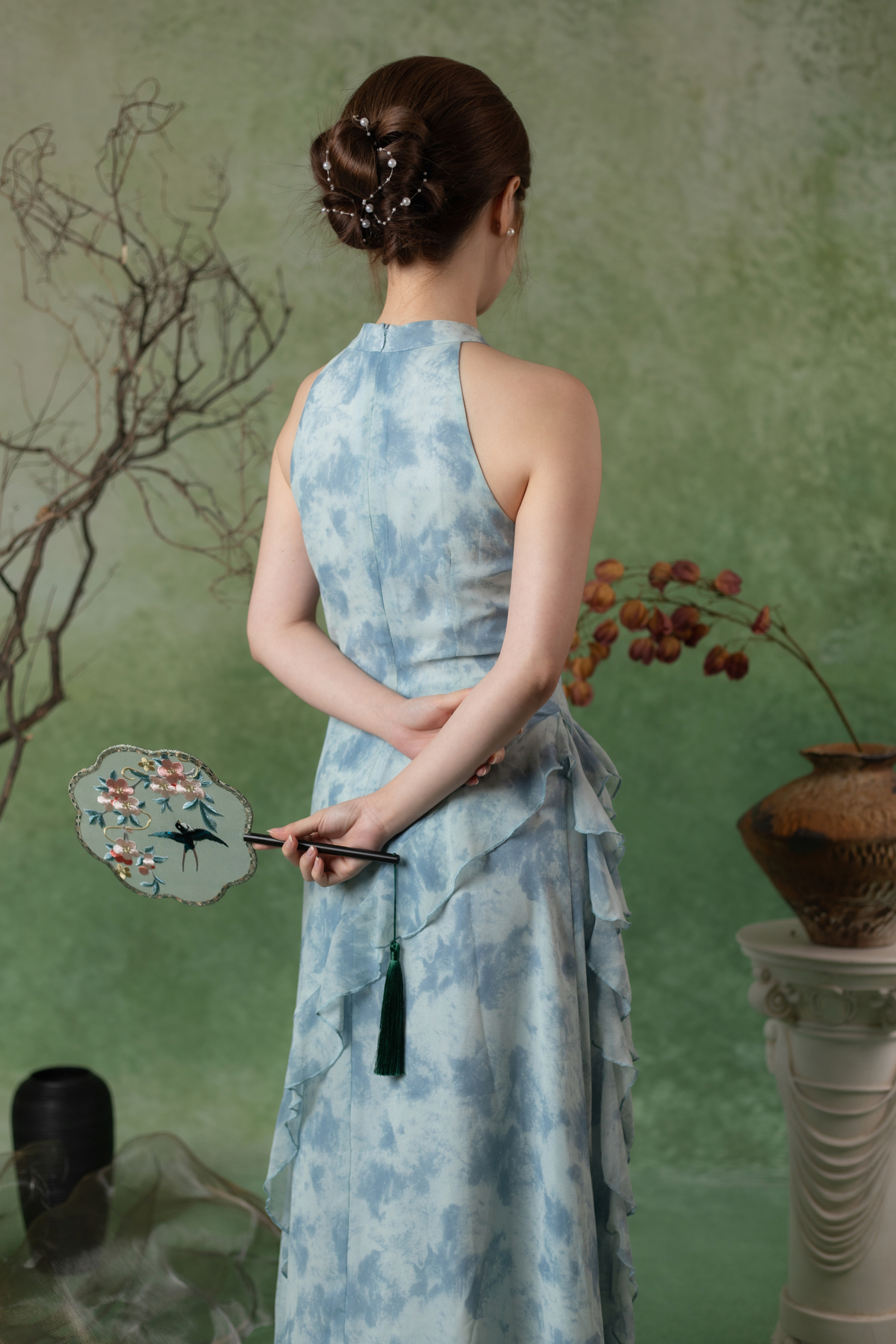 Rosalie Rêve Ruffle Cheongsam Dress in Dusty Blue