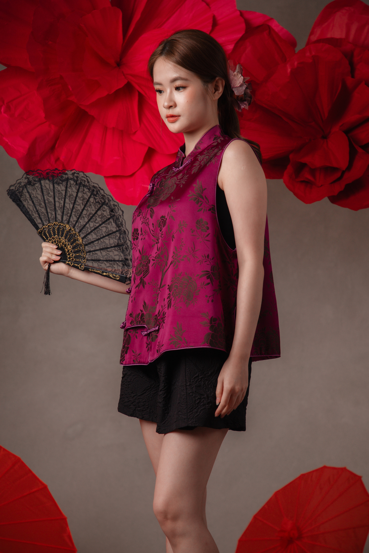 Corinne Peony Cheongsam Top in Magenta