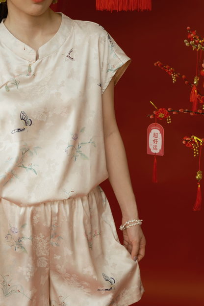 Lucille Butterfly Satin Set in Beige