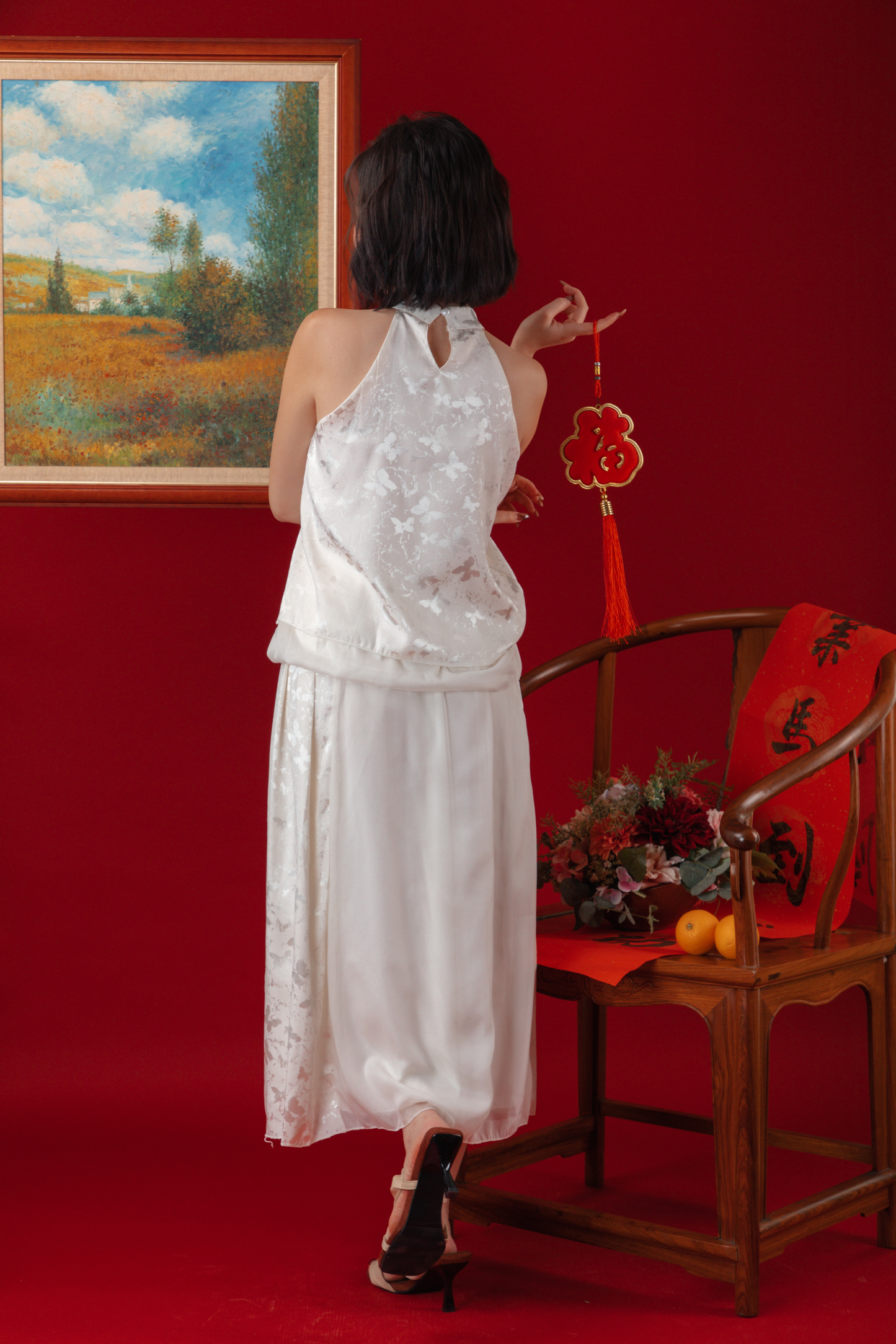 Serene Satin Halter Top & Sheer Layered Skirt Set