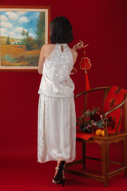 Serene Satin Halter Top & Sheer Layered Skirt Set