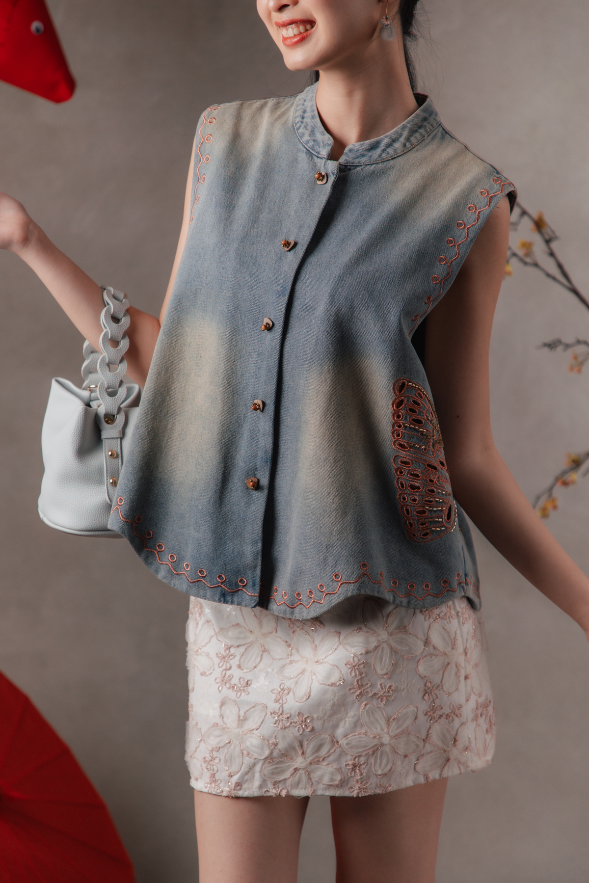 Cynara Butterfly Cheongsam Vest in Denim