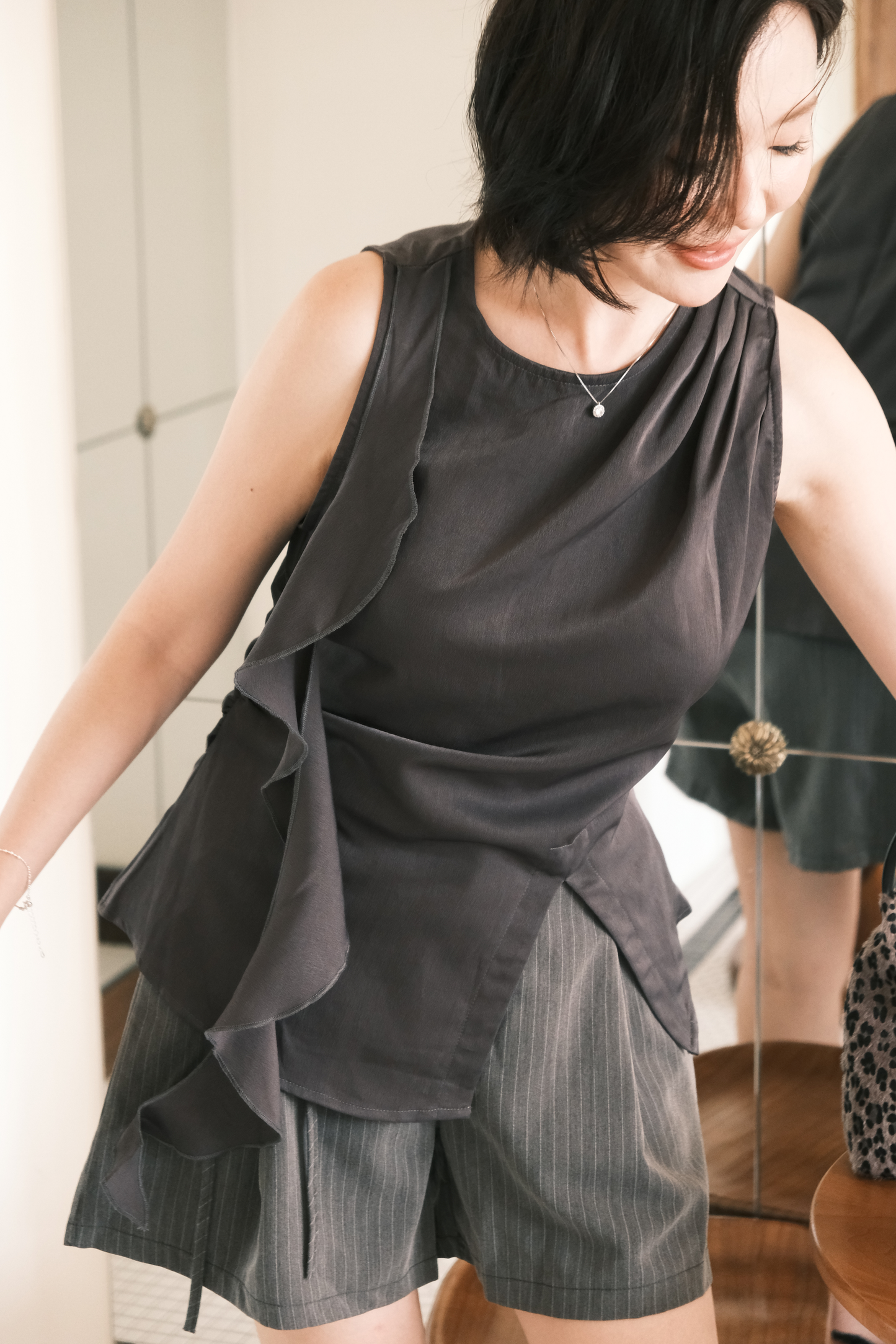 Celeste Draped Ruffle Top in Dark Grey