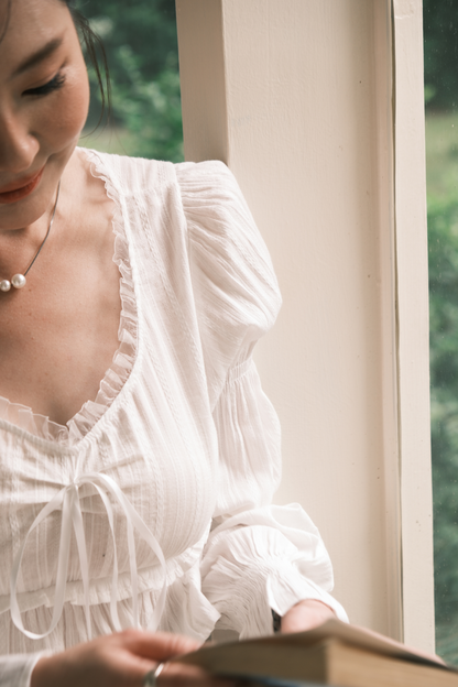 Lace-Trim Puff Sleeve Peplum Blouse in White