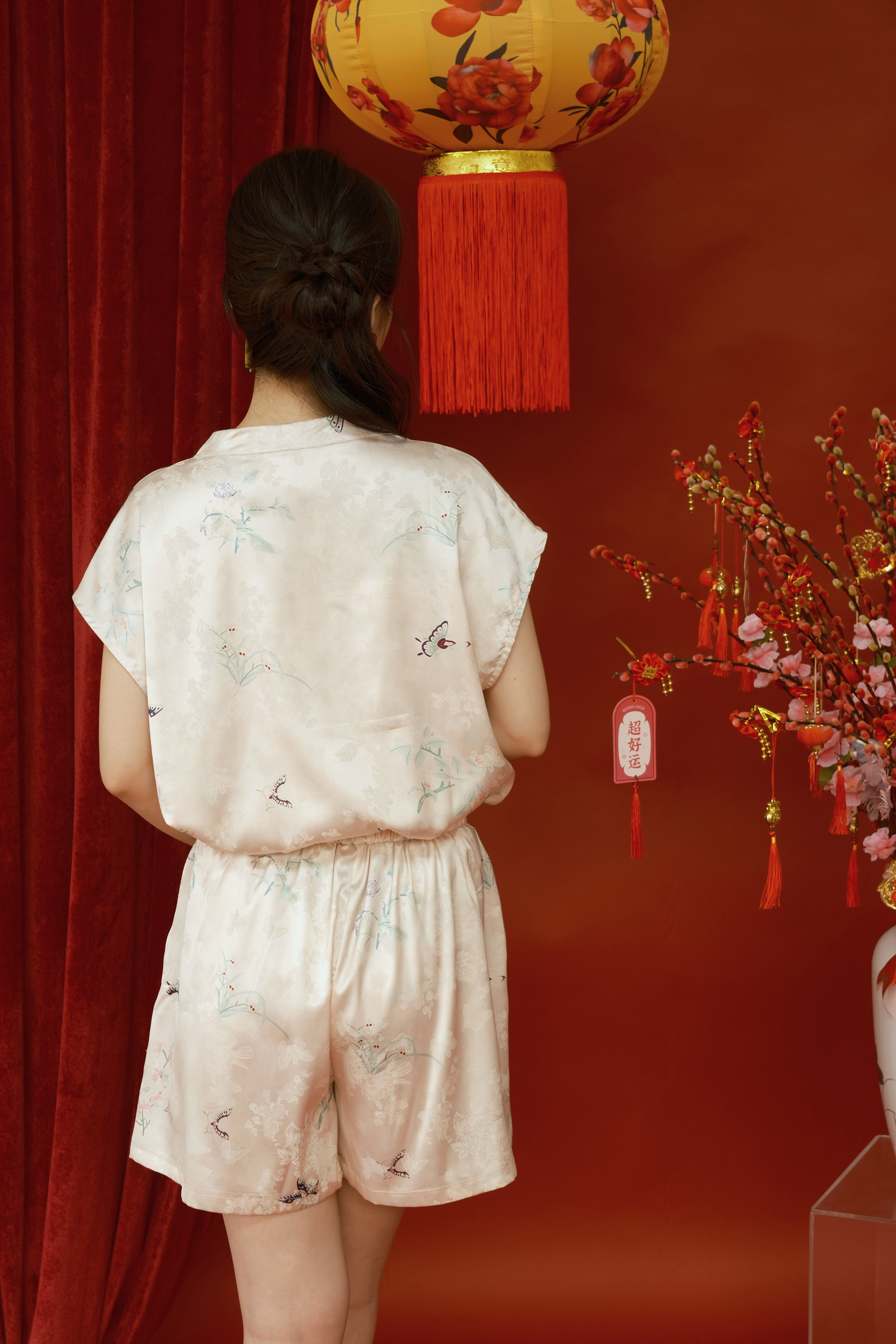 Lucille Butterfly Satin Set in Beige