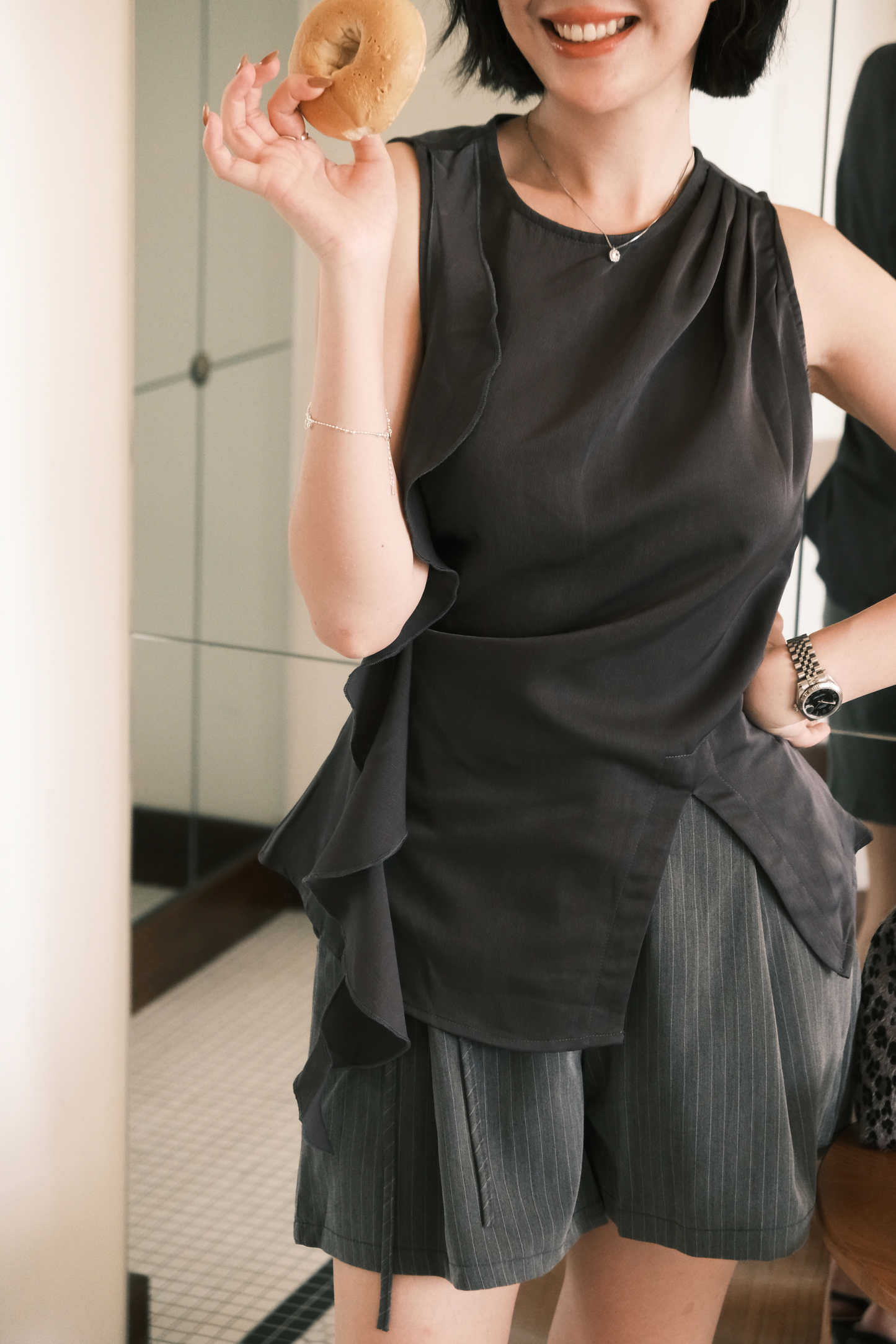 Celeste Draped Ruffle Top in Dark Grey