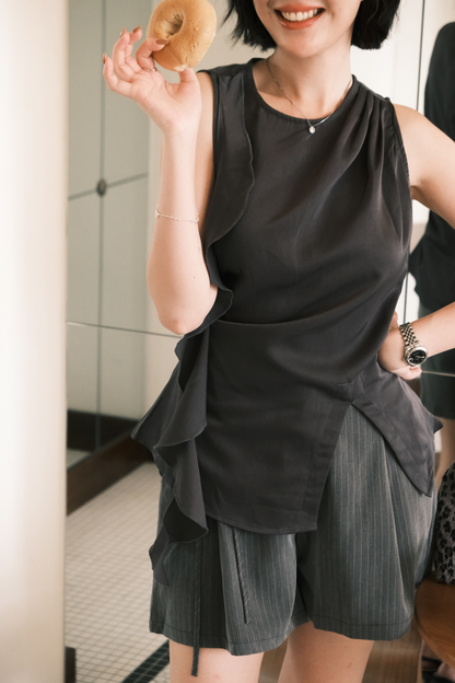 Celeste Draped Ruffle Top in Dark Grey