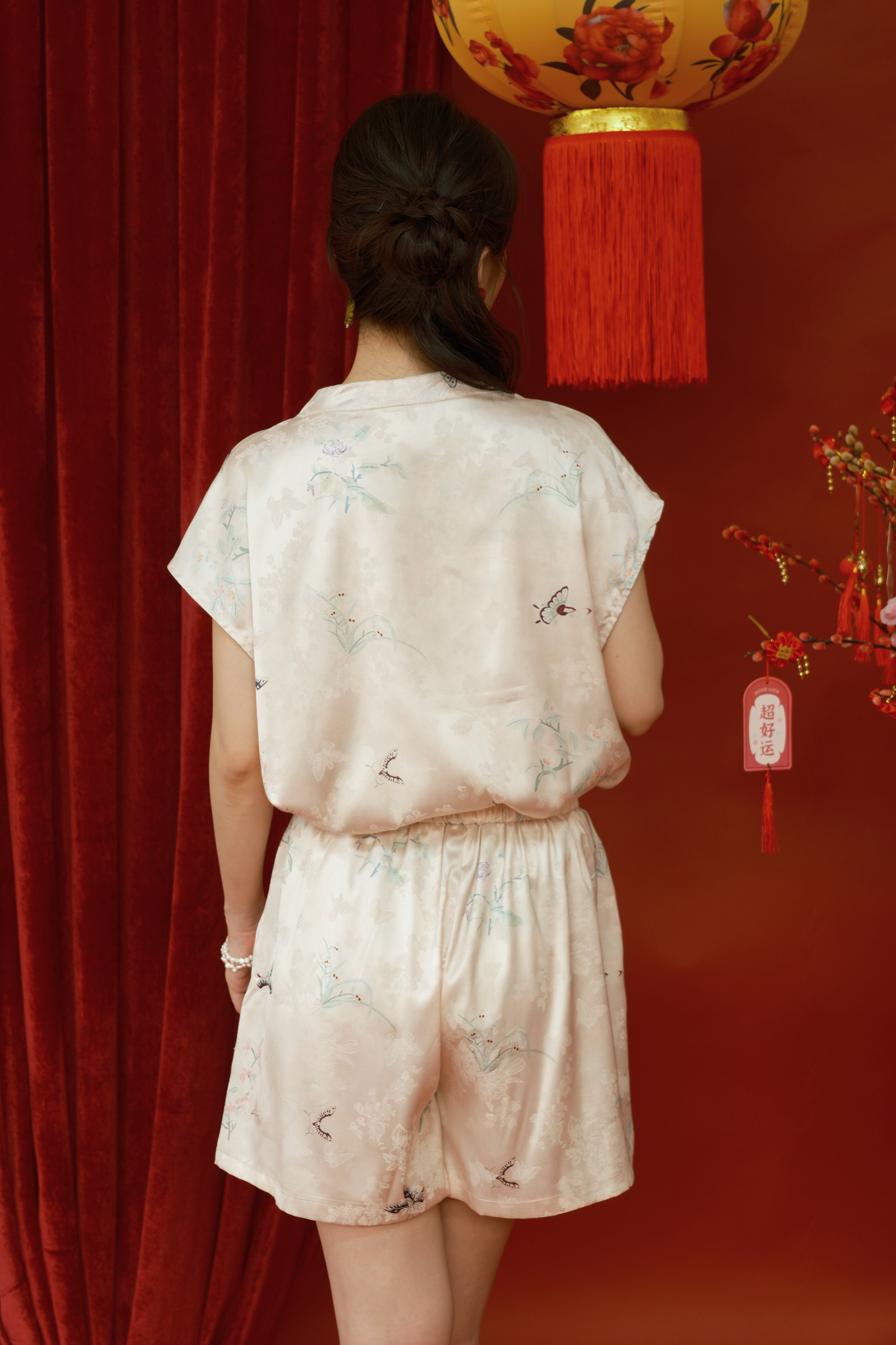 Lucille Butterfly Satin Set in Beige