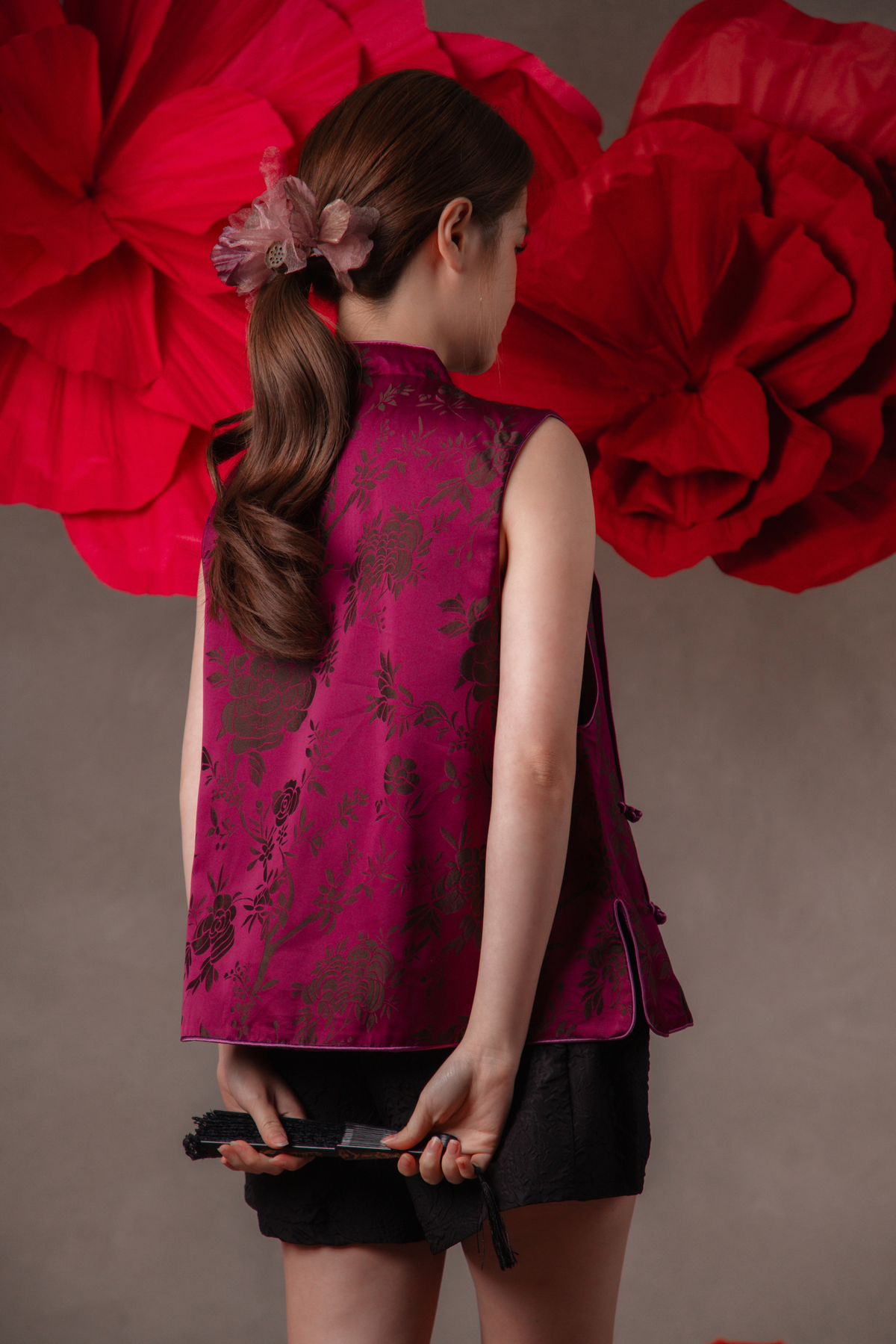 Corinne Peony Cheongsam Top in Magenta