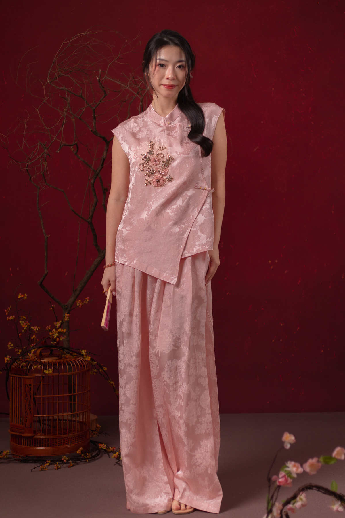 Sabine Emblem Cheongsam Top & Pants Set in Blush Pink