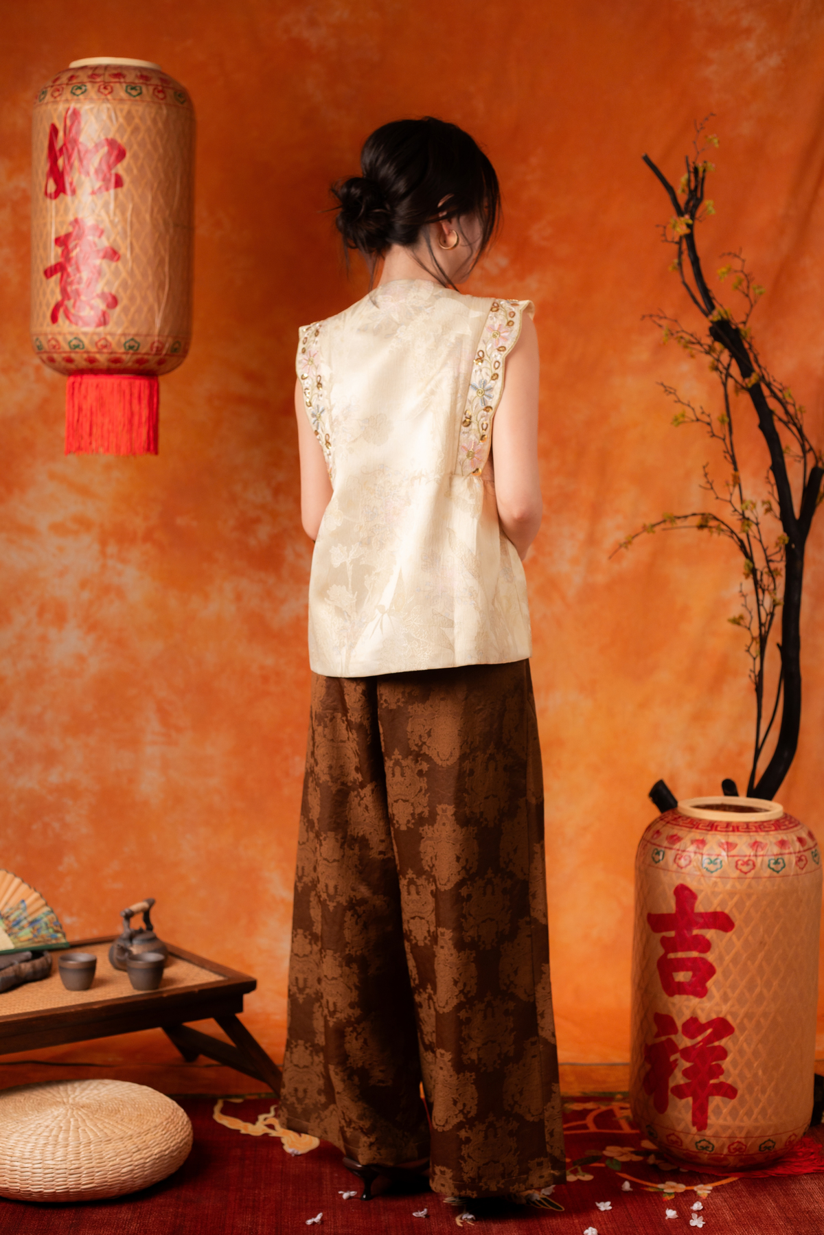 Alessia Damask Wide-Leg Pants in Brown