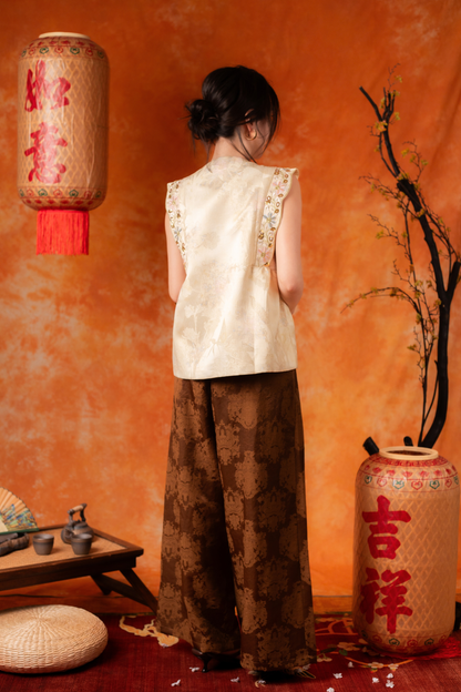 Alessia Damask Wide-Leg Pants in Brown