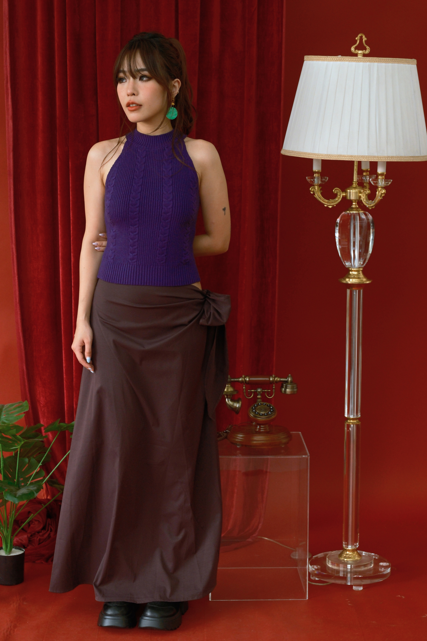 Chic Knitted Vest and Wrap Skirt Set in Purple