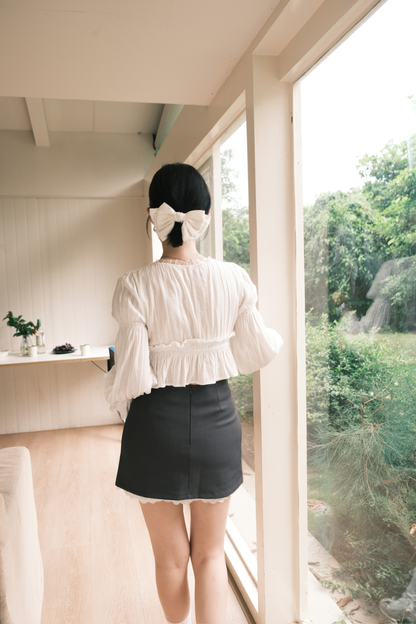 Ribbon Lace-Trim Mini Skirt in Grey