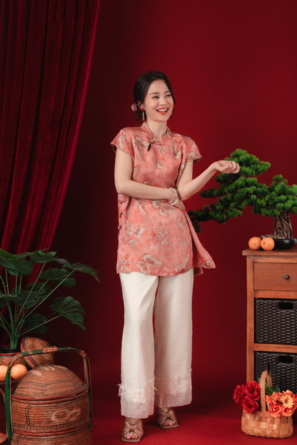 Lina Satin-Bloom Mandarin Blouse