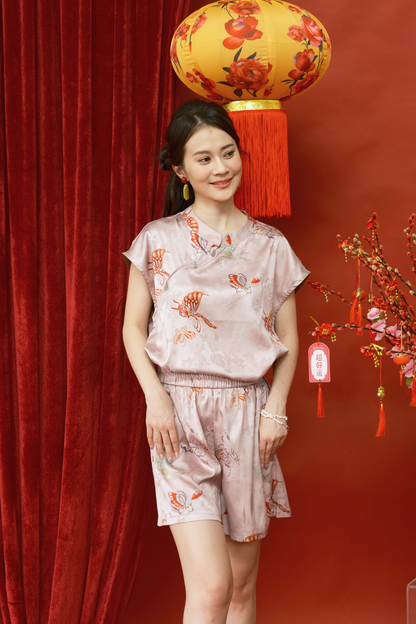 Lucille Butterfly Satin Set in Pink