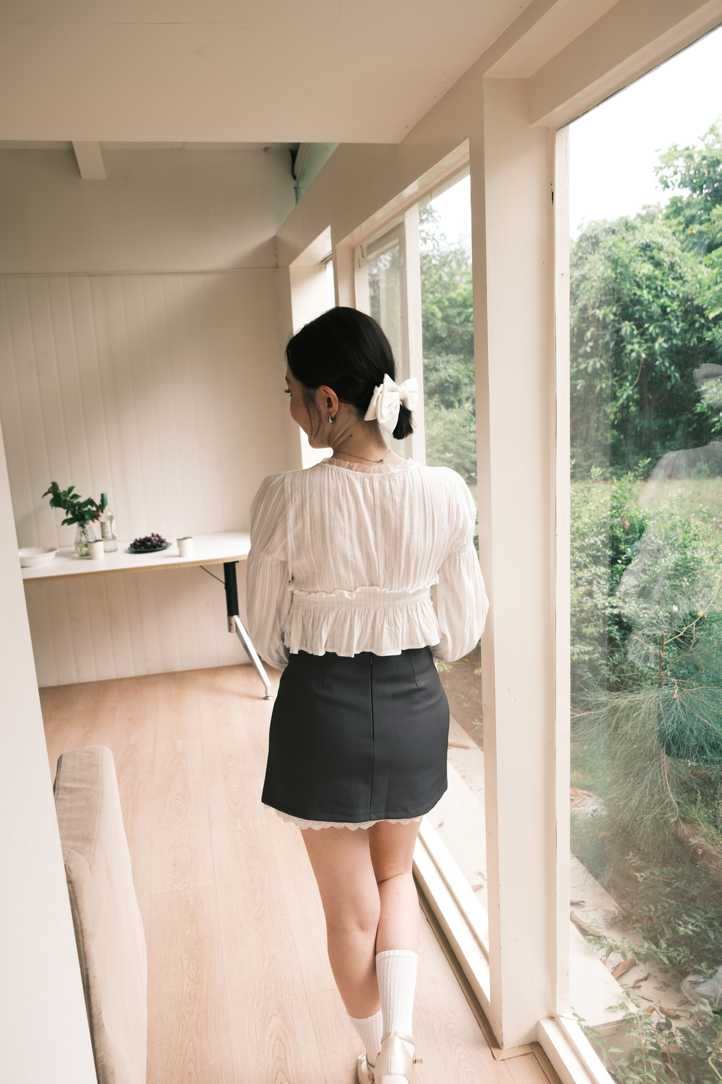 Lace-Trim Puff Sleeve Peplum Blouse in White