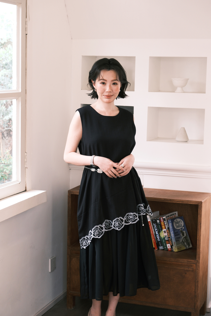 Rosalie Embroidered Layered Maxi Dress in Black