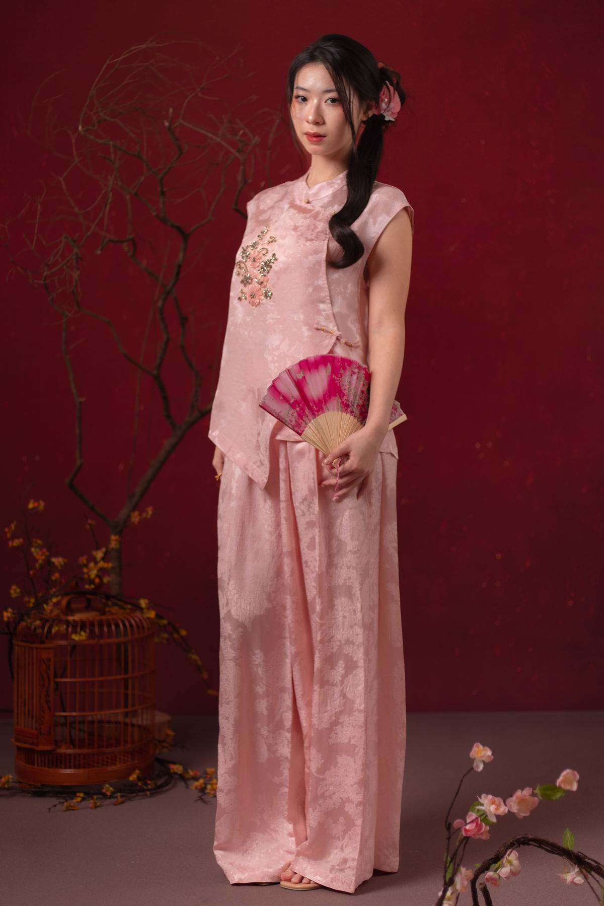 Sabine Emblem Cheongsam Top & Pants Set in Blush Pink