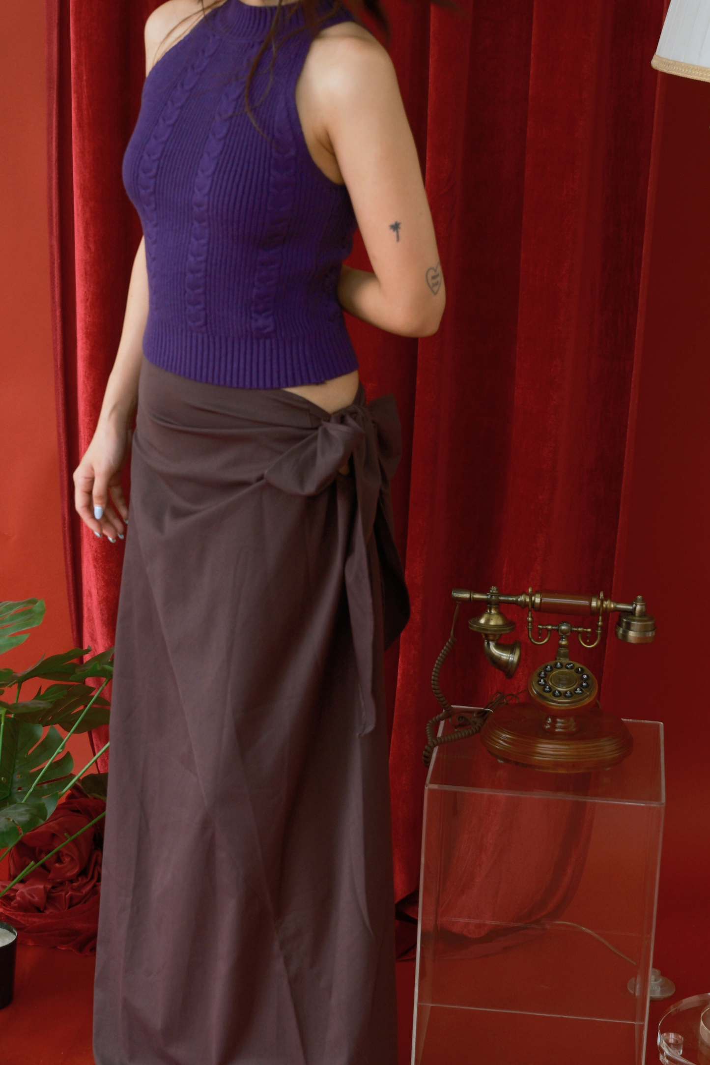 Chic Knitted Vest and Wrap Skirt Set in Purple