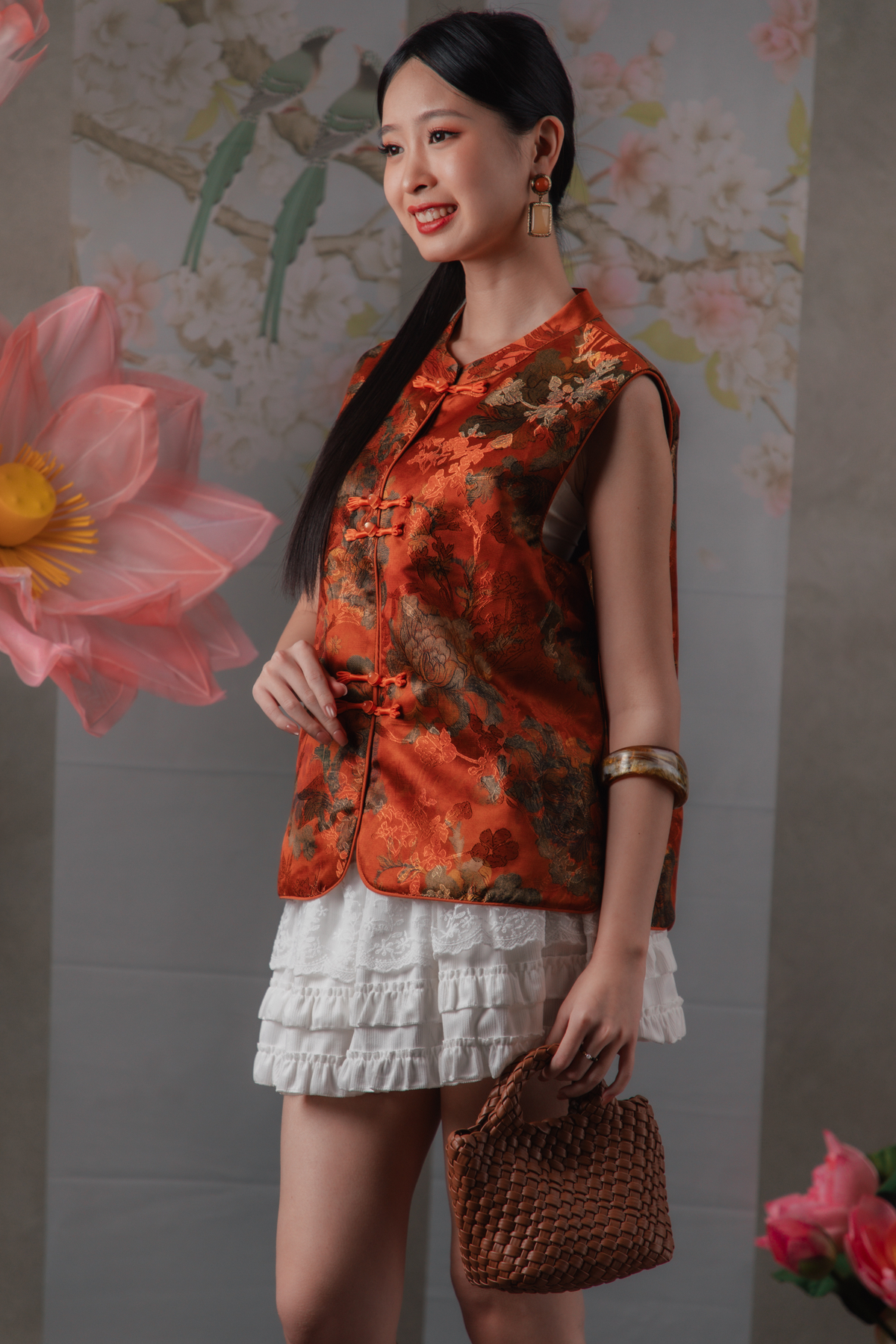 Sienna Crimson Cheongsam Vest in Burnt Orange