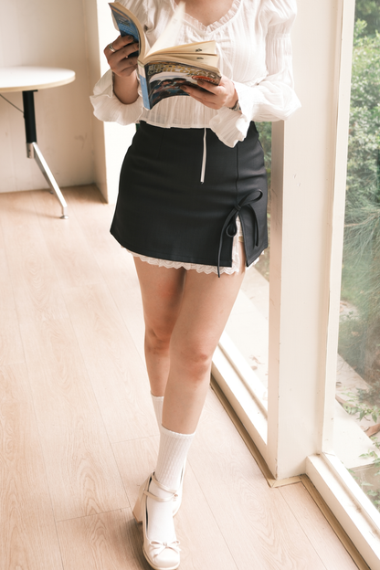 Ribbon Lace-Trim Mini Skirt in Grey