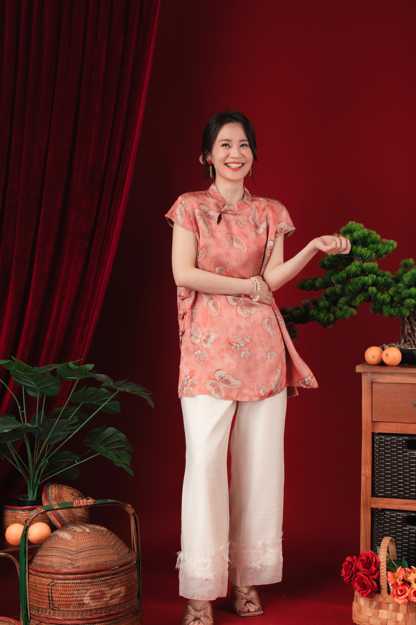 Lina Satin-Bloom Mandarin Blouse
