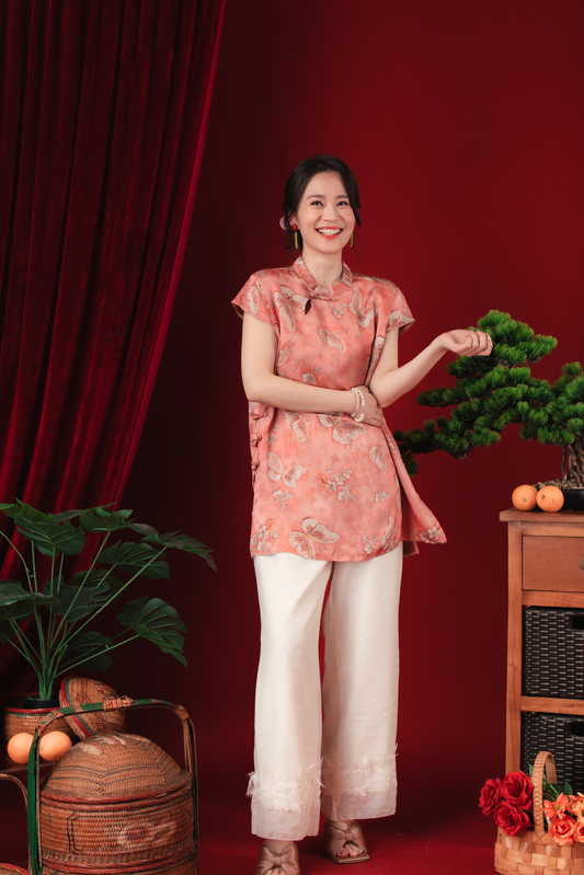 Lina Satin-Bloom Mandarin Blouse