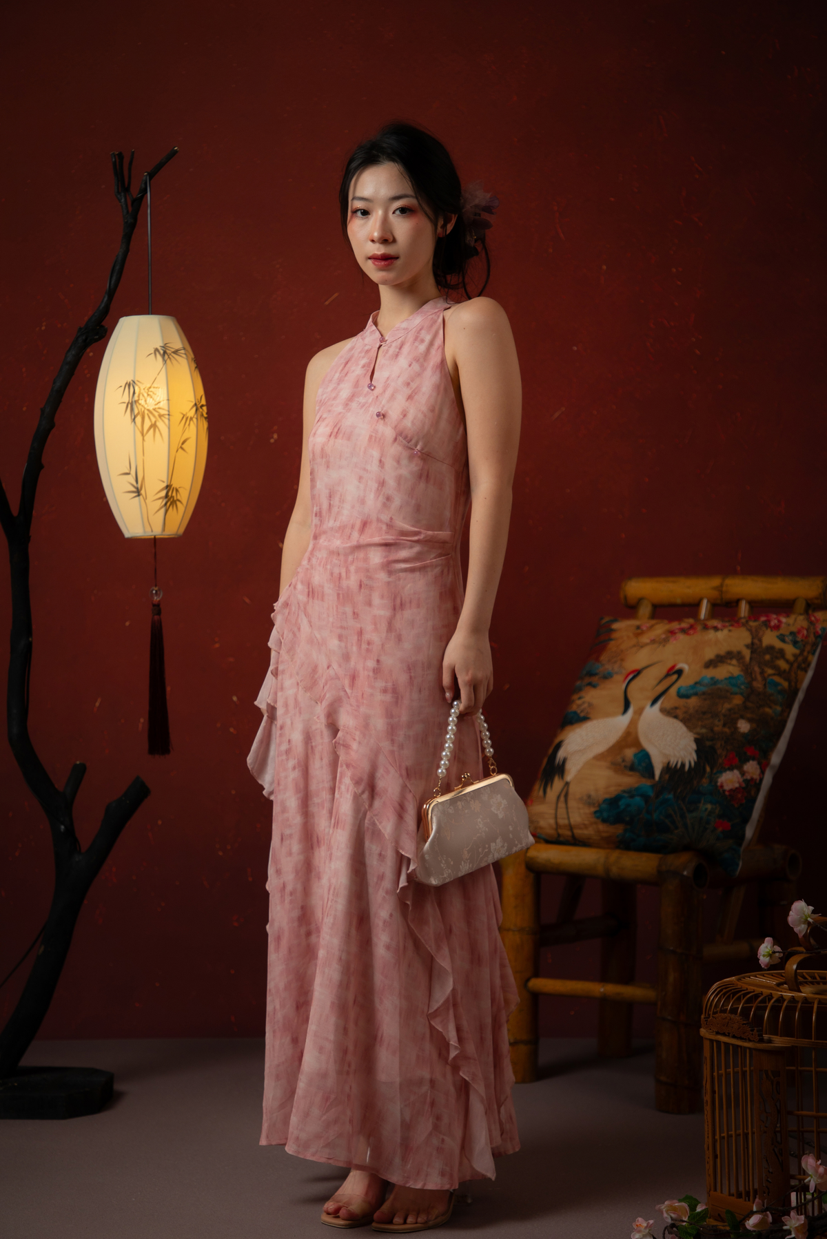 Rosalie Rêve Ruffle Cheongsam Dress in Dusty Rose
