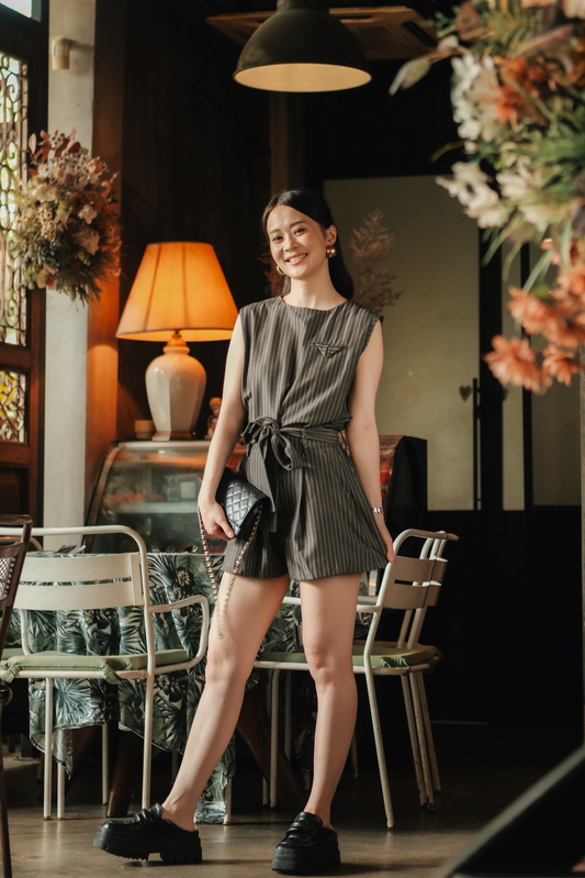 Evelyn Pinstripe Belted Two-Piece Set
