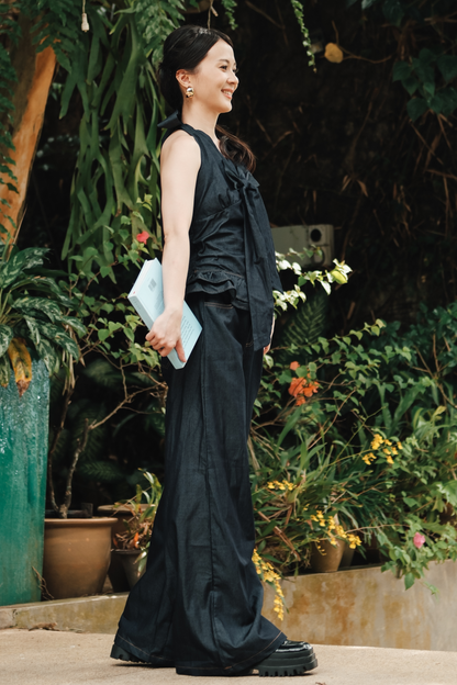 Clara Bow Halter Denim Top & Wide-Leg Pants Set