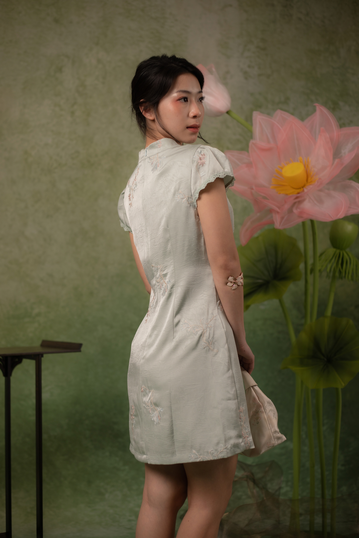 Jasmine Blossom Cheongsam Dress in Sage