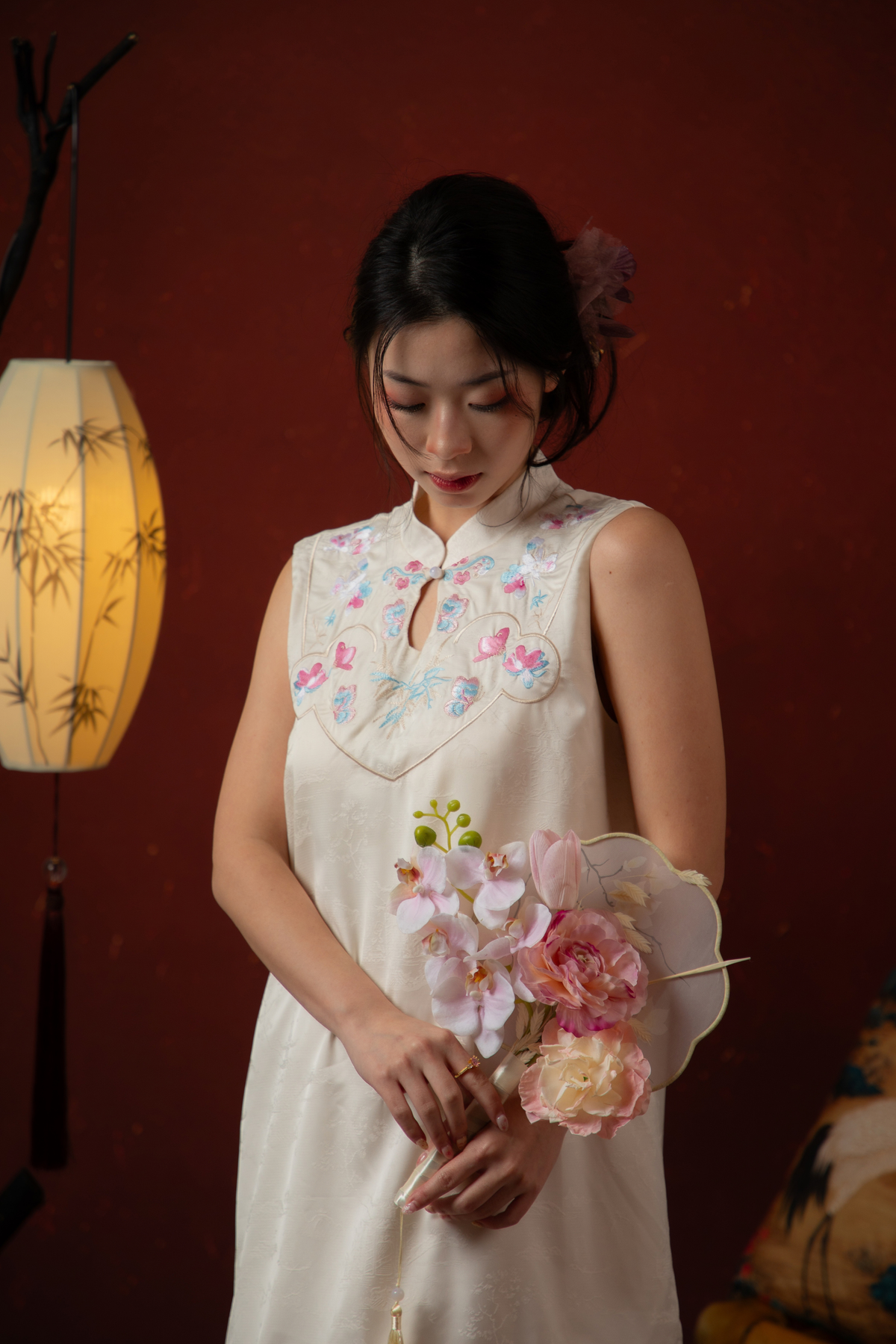 Butterfly Bloom Ruffle Cheongsam Dress in White