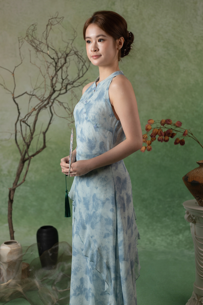 Rosalie Rêve Ruffle Cheongsam Dress in Dusty Blue