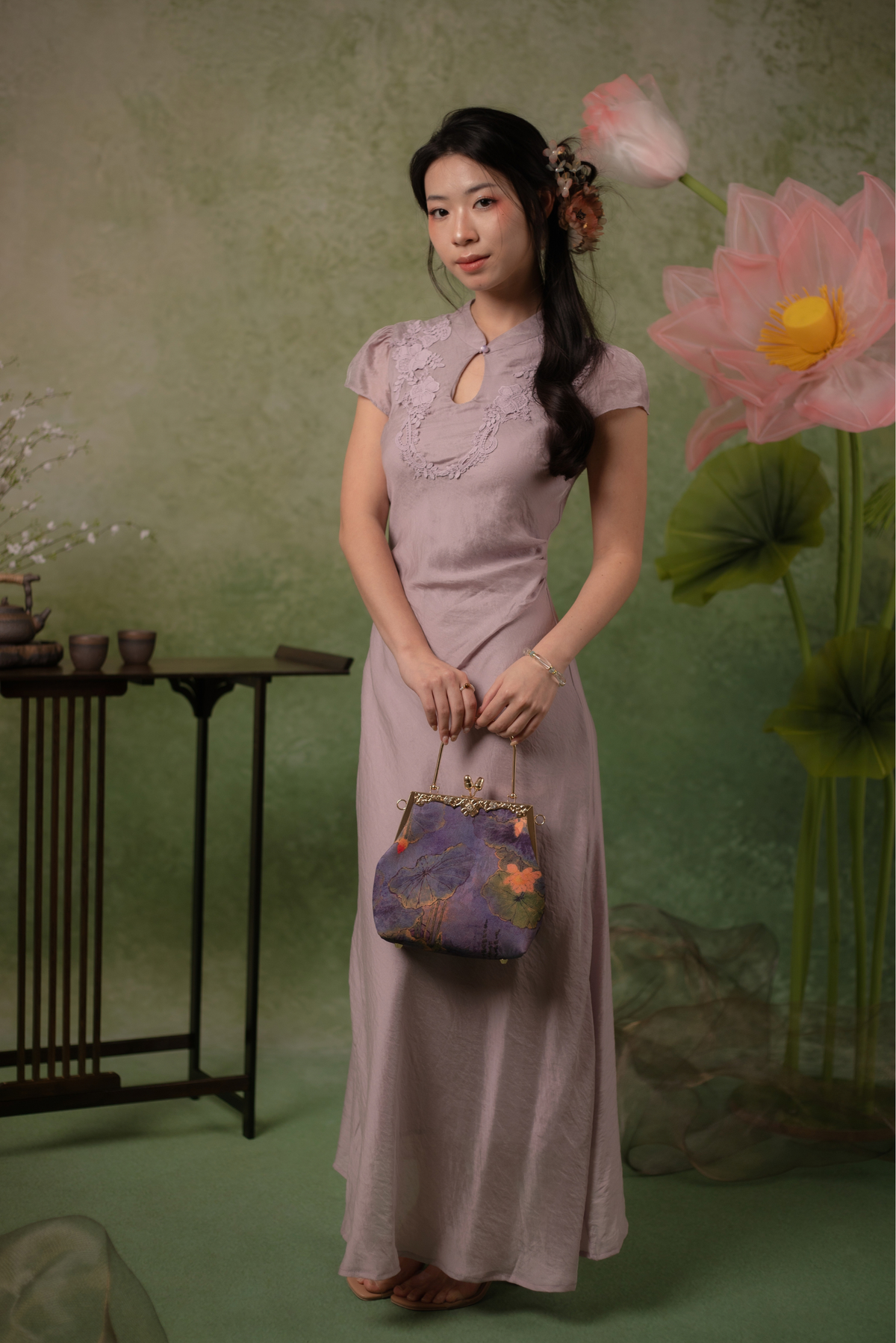 Serene Bloom Cheongsam Dress in Dusty Mauve